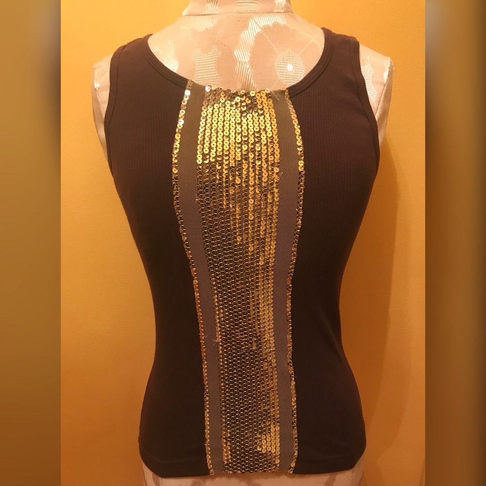 Brown tank top with Gold sequence center.